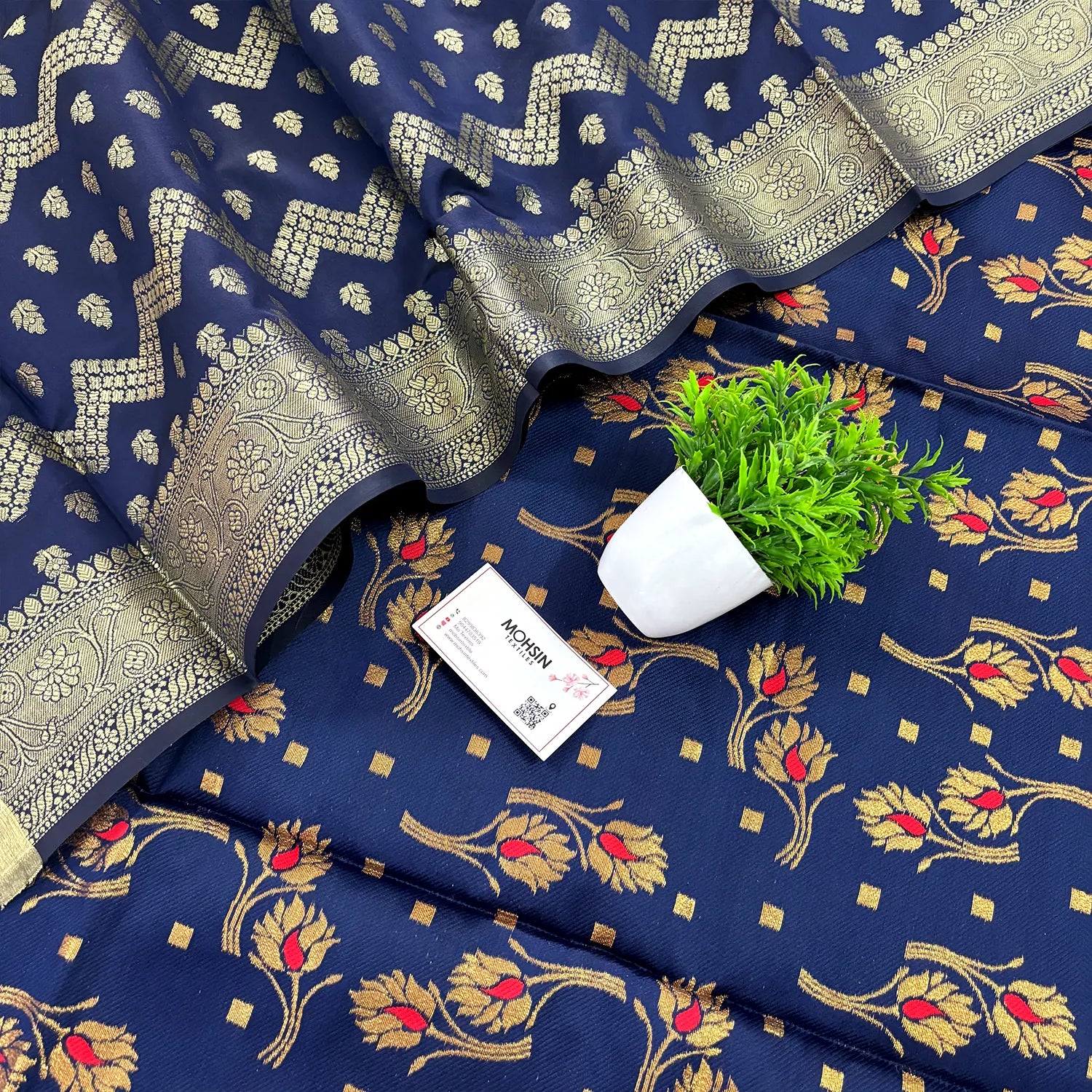 Navy Blue Golden Zari Satin Silk Banarasi Suit