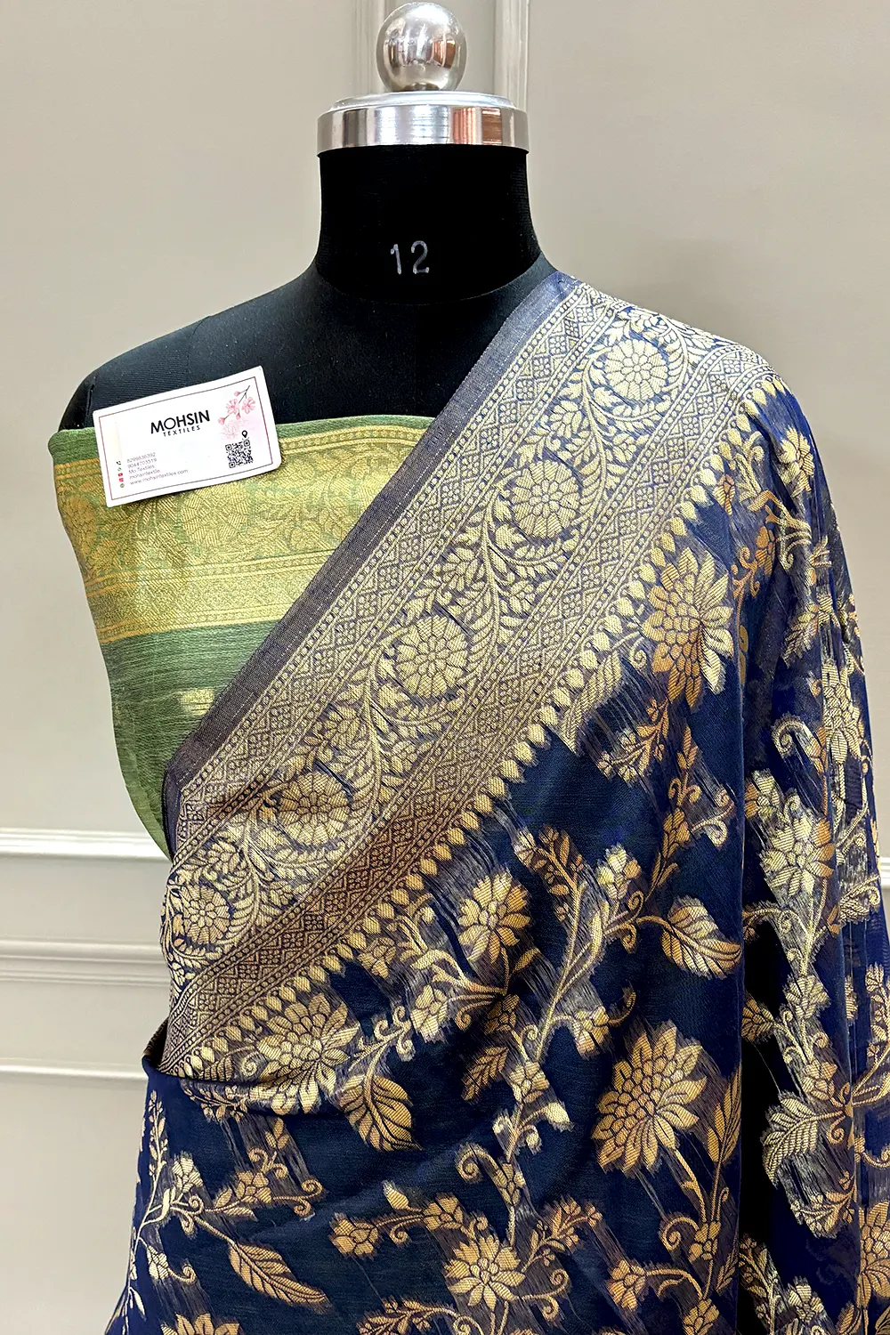 Navy Blue Resham Zari Cotton Silk Banarasi Saree