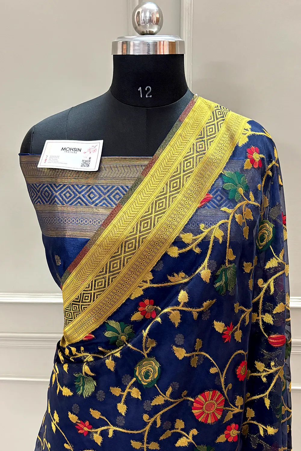 Navy Blue Resham Zari Organza Silk Banarasi Saree