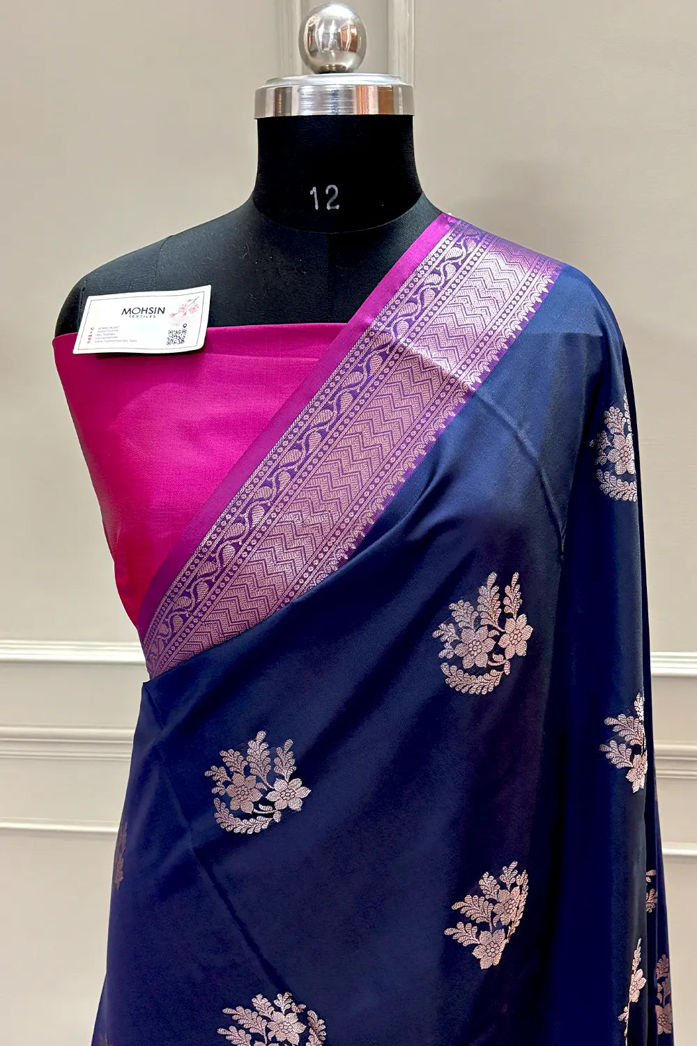 Navy Blue and Pink Golden Zari Banarasi Silk Saree