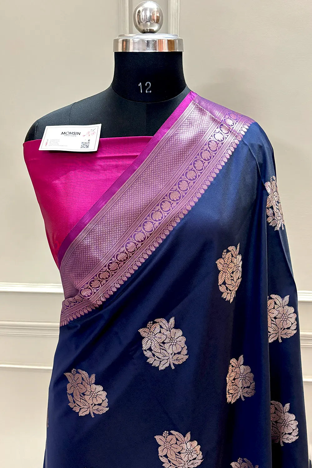 Navy Blue and Pink Golden Zari Banarasi Silk Saree