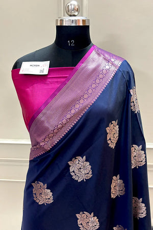 Navy Blue and Pink Golden Zari Banarasi Silk Saree
