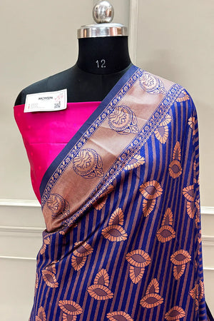 Navy Blue and Pink Resham Zari Banarasi Silk Saree