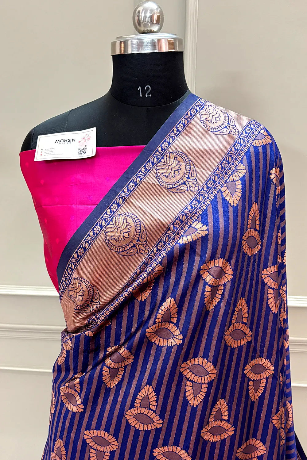 Navy Blue and Pink Resham Zari Banarasi Silk Saree