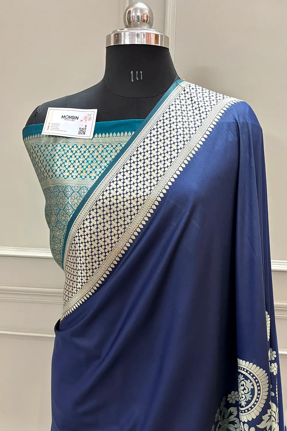 Navy Blue and Teal Golden Zari Satin Silk Banarasi Saree