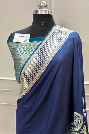 Navy Blue and Teal Golden Zari Satin Silk Banarasi Saree