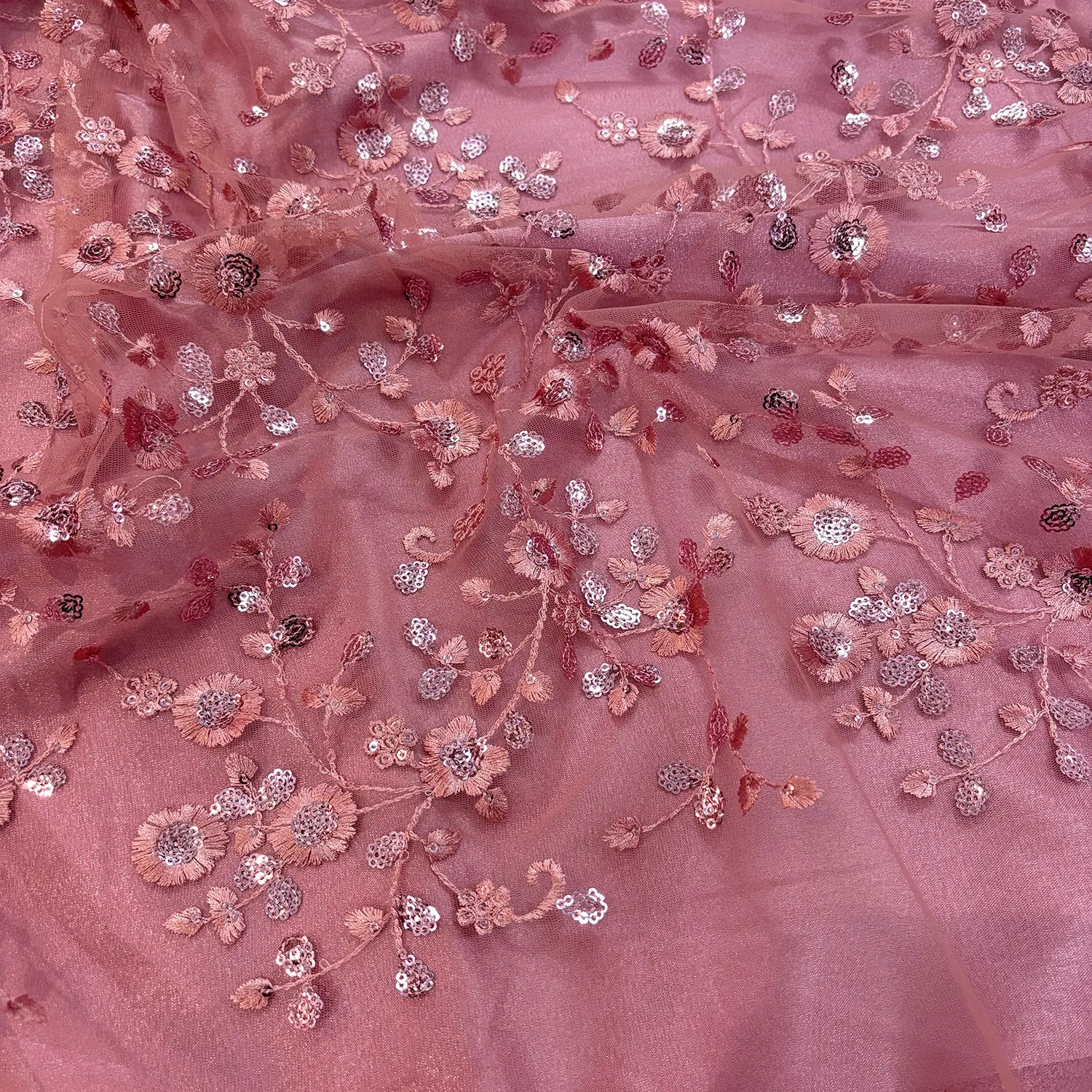Onion Pink Net Chikankari Sequence Work Fabric