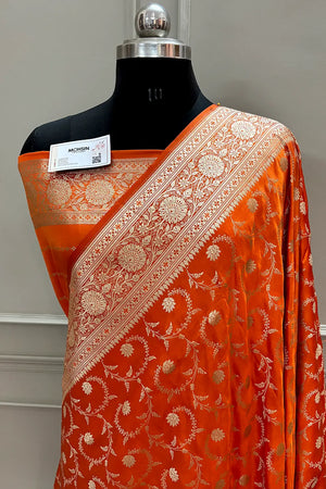 Orange Eragon Jaal Katan Silk Banarasi Saree