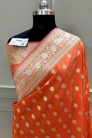 Orange Golden Zari Crepe Silk Banarasi Saree