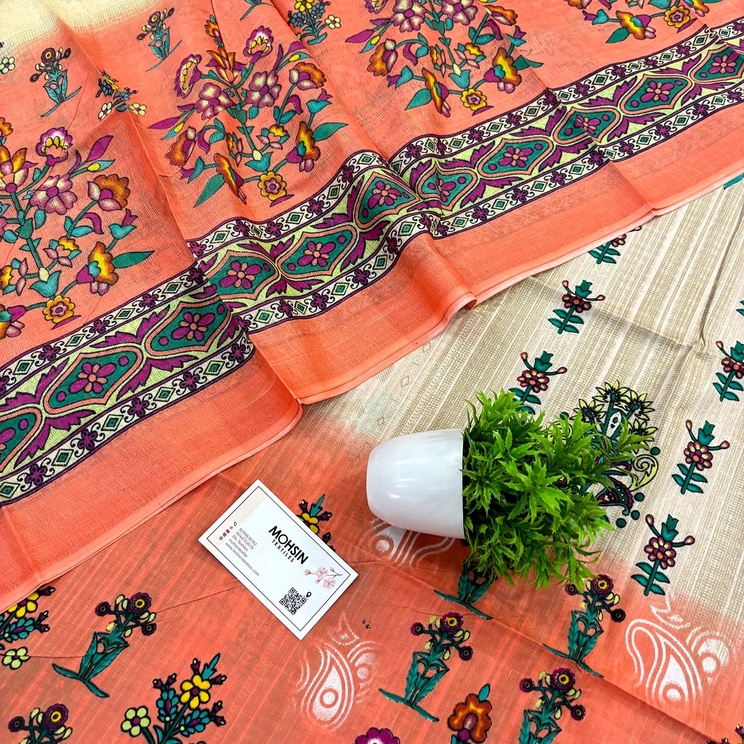 Orange and Beige Printed Cotton Silk Salwar Suit