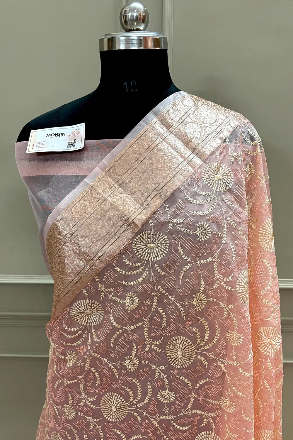 Peach Embroidery Organza Silk Banarasi Saree