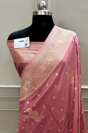 Peach Golden Zari Georgette Silk Banarasi Saree