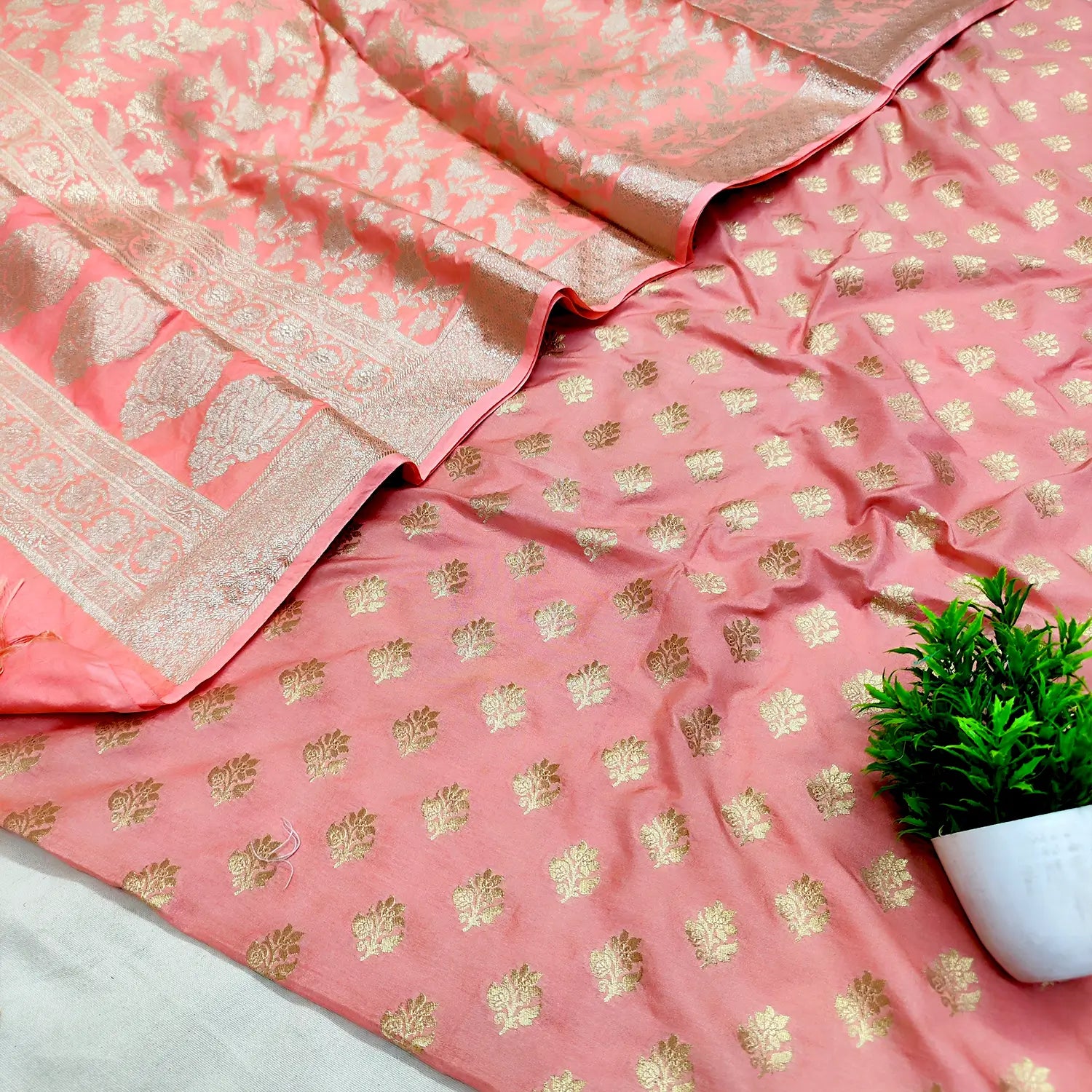 Peach Golden Zari Katan Silk Banarasi Suit