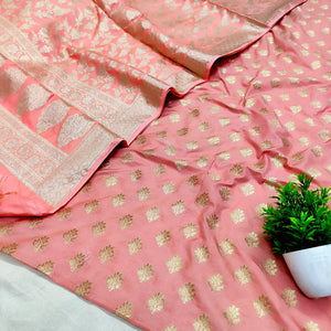 Peach Golden Zari Katan Silk Banarasi Suit