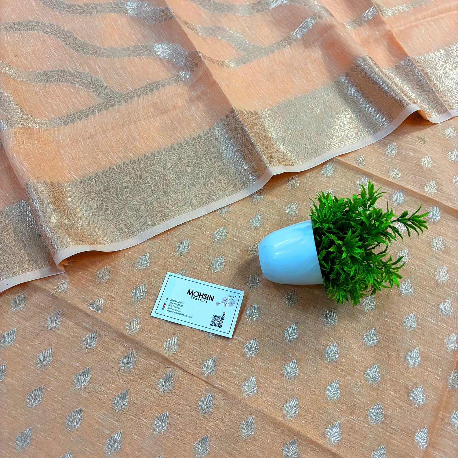 Peach Golden Zari Linen Silk Banarasi Suit