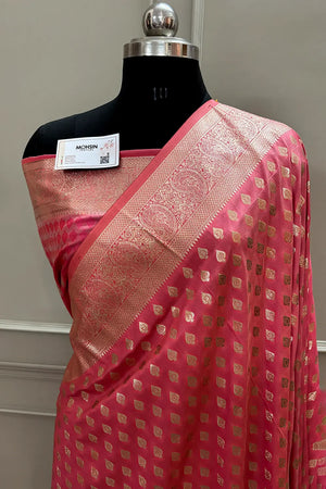 Peach Golden Zari Silky Banarasi Saree