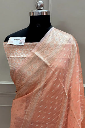 Peach Resham Zari Banarasi Silk Saree