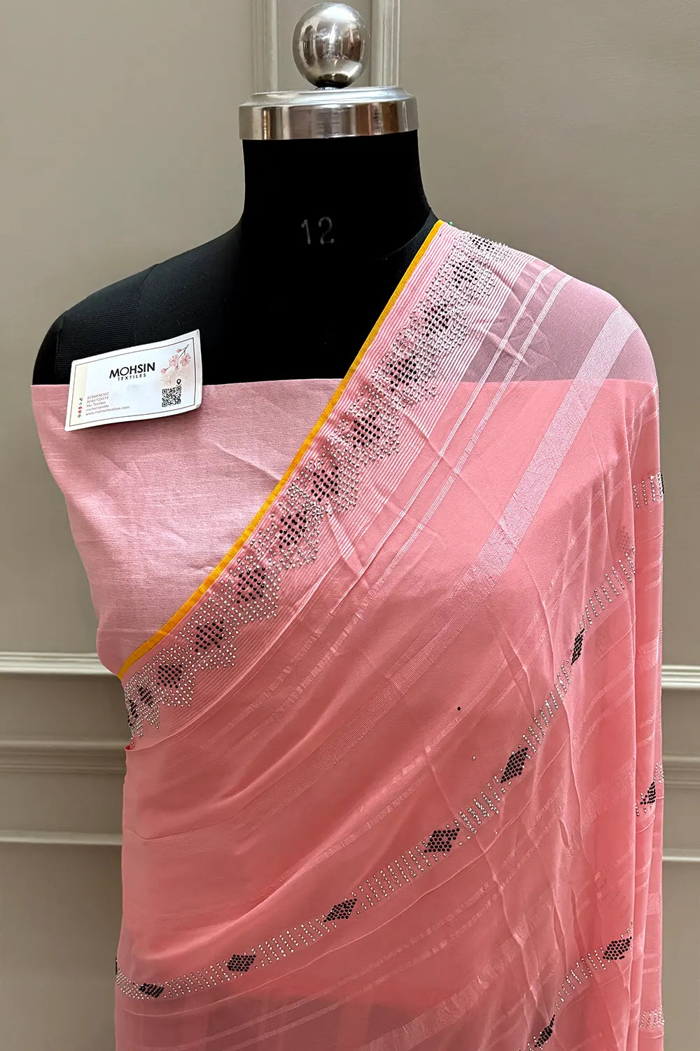 Peach Siroski Work Georgette Silk Saree