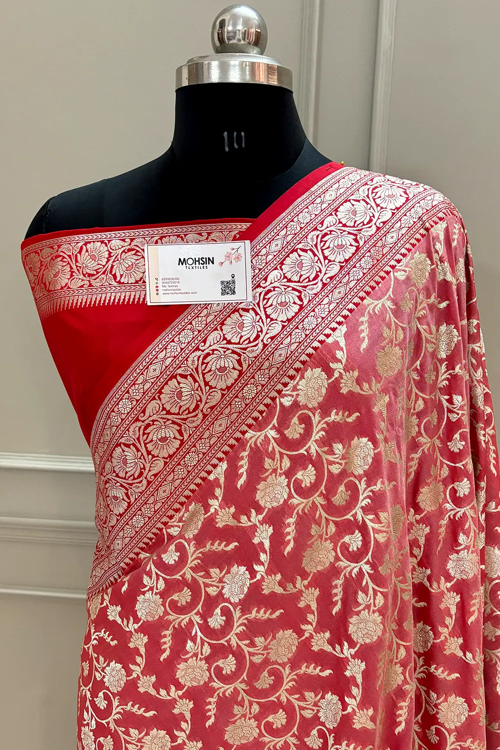 Peach and Red Gulabi Jaal Katan Silk Banarasi Saree