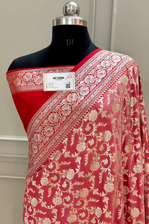 Peach and Red Gulabi Jaal Katan Silk Banarasi Saree