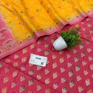 Peach and Yellow Golden Zari Katan Silk Banarasi Suit