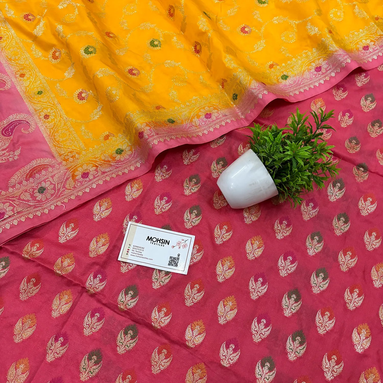 Peach and Yellow Golden Zari Katan Silk Banarasi Suit