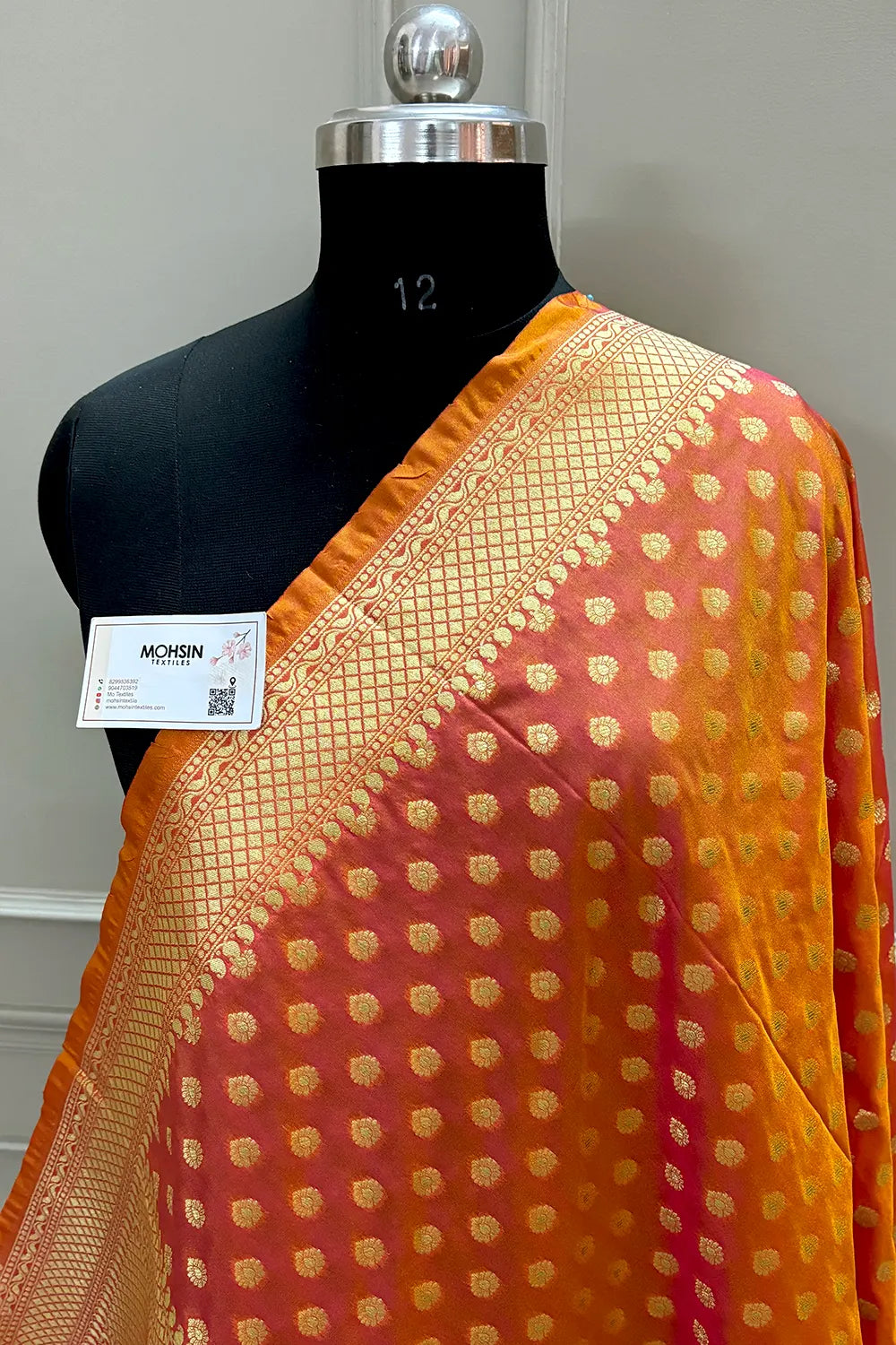Peachy Orange Golden Zari Katan Silk Banarasi Dupatta