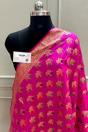 Pink Golden Zari Banarasi Silk Dupatta