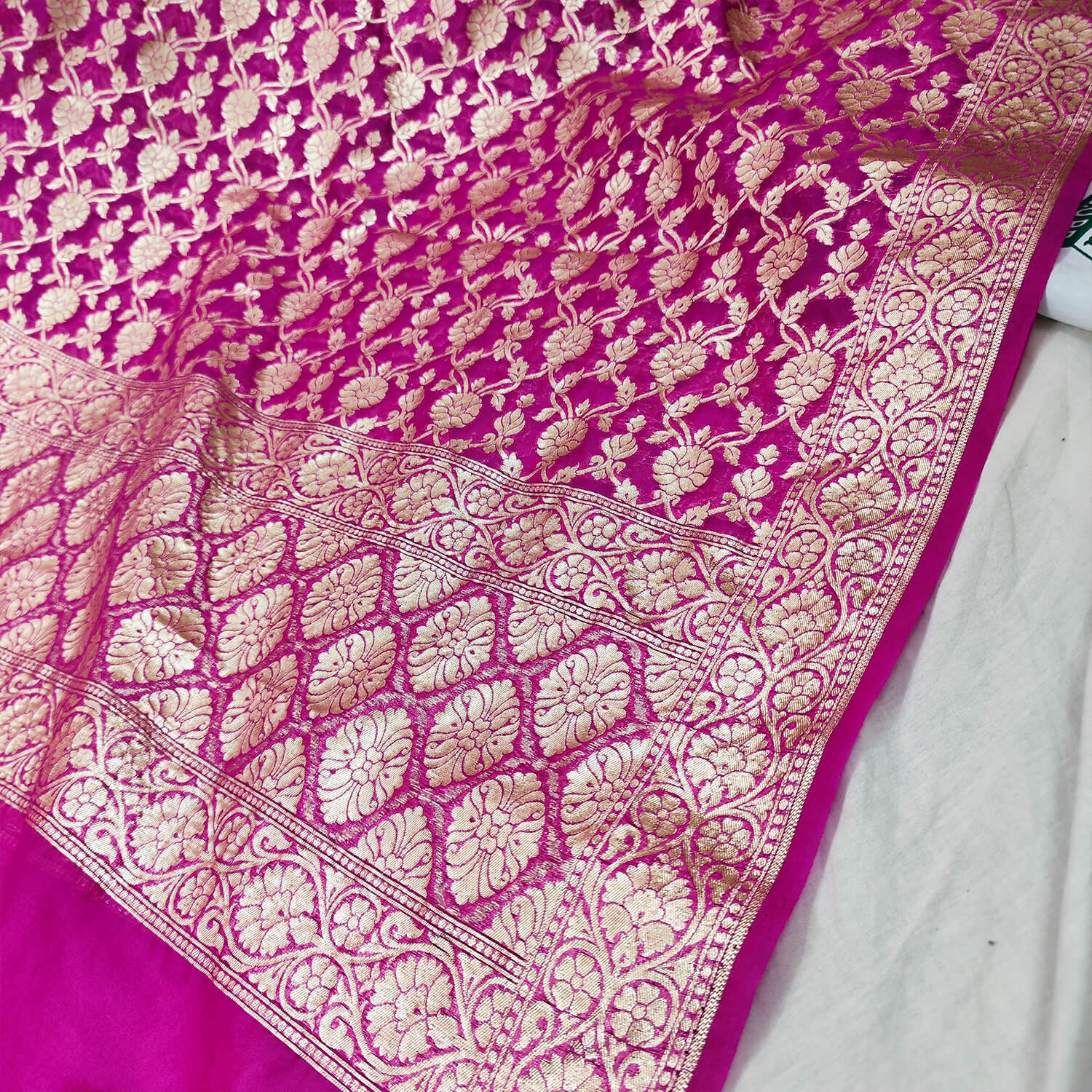 Pink Golden Zari Pure Organza Silk Banarasi Dupatta