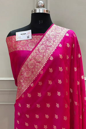 Pink Golden Zari Resham Silk Banarasi Saree