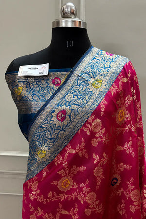 Pink and Blue Golden Zari Silky Banarasi Saree