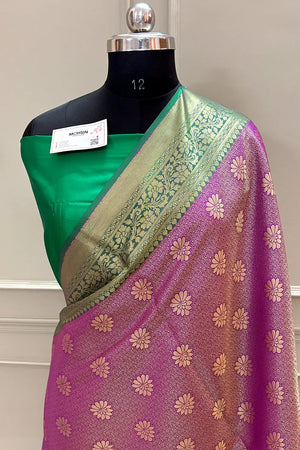 Pink and Green Brocade Banarasi Silk Saree