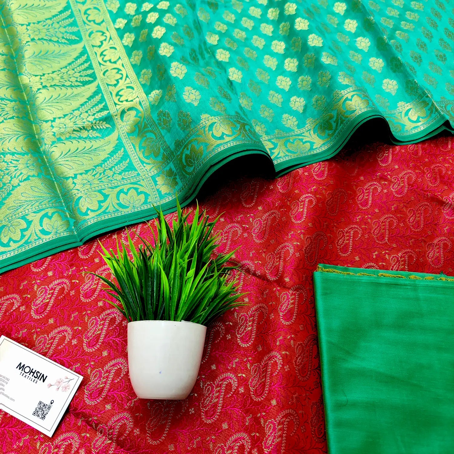 Pink and Sea Green Katan Silk Banarasi Suit