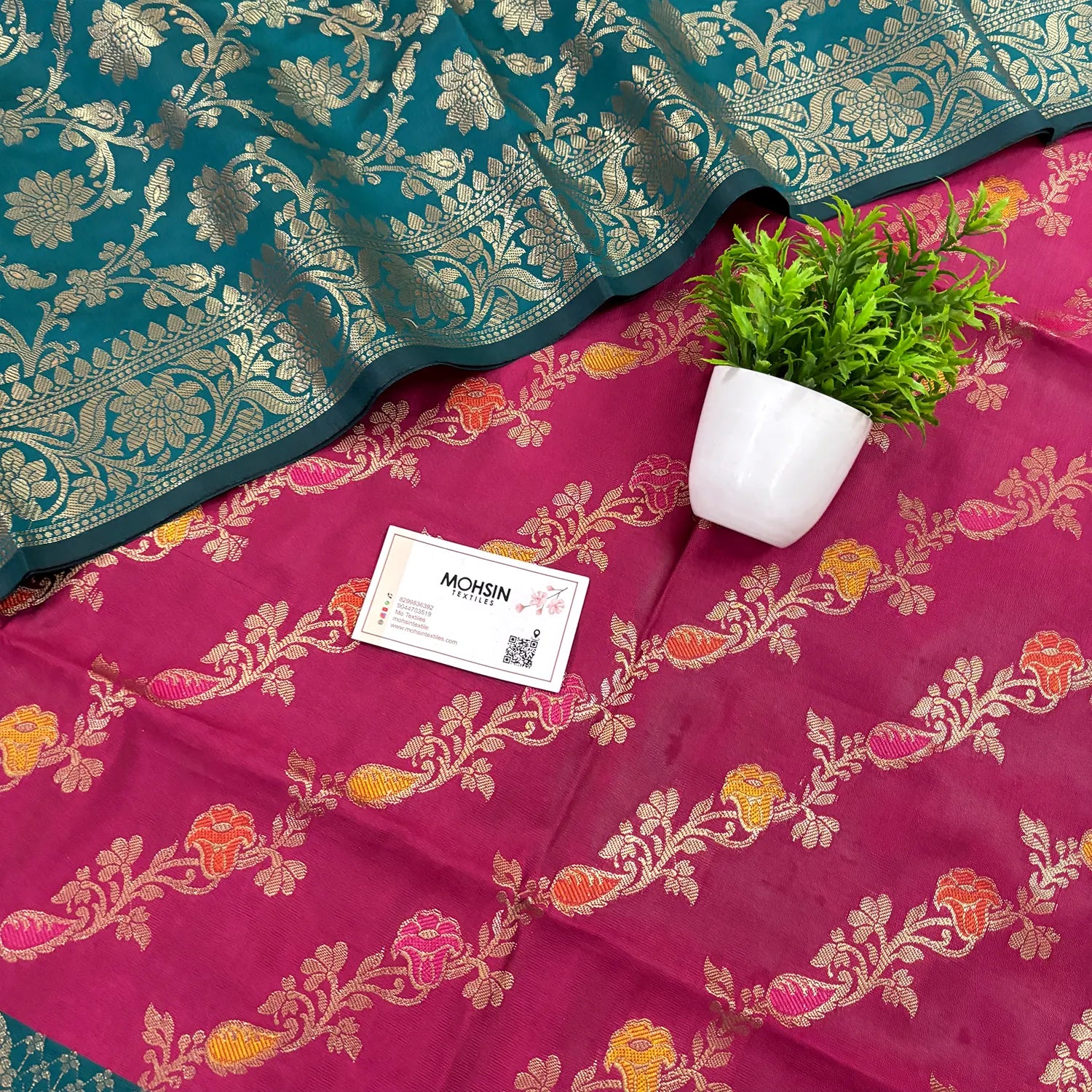 Pink and Teal Rang Mahal Satin Silk Banarasi Suit