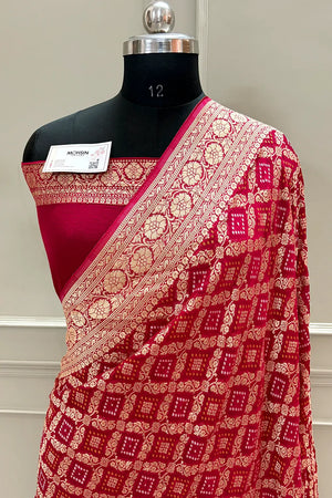 Pinkish Red Bandhej Georgette Silk Banarasi Saree