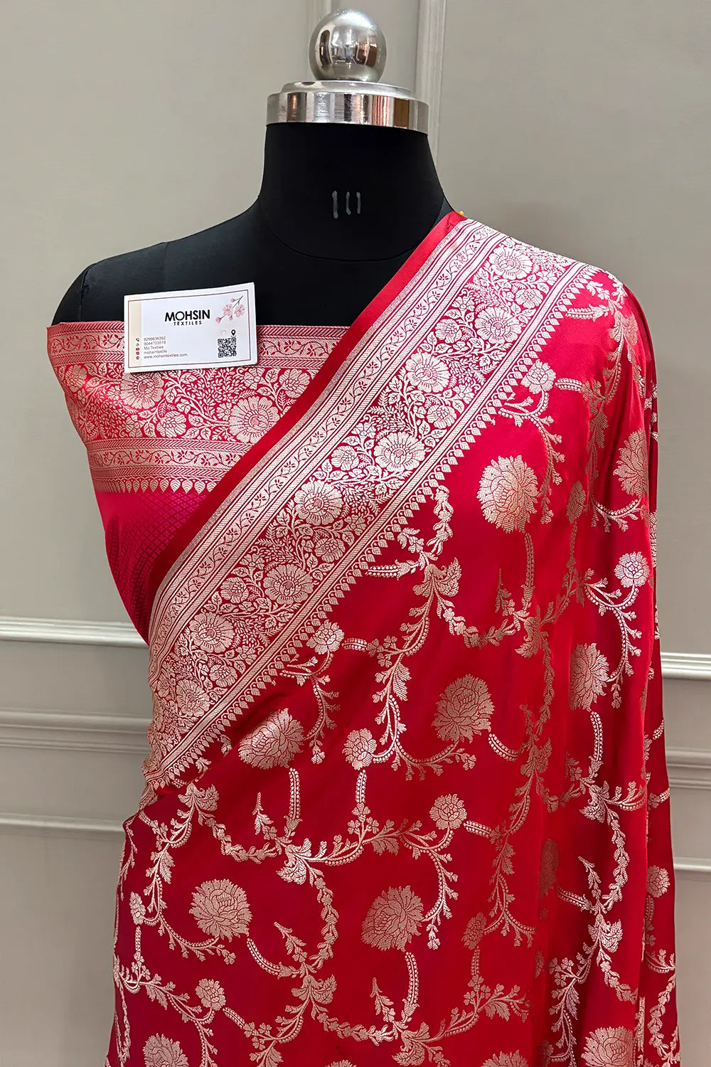 Pinkish Red Laabela Jaal Katan Silk Banarasi Saree