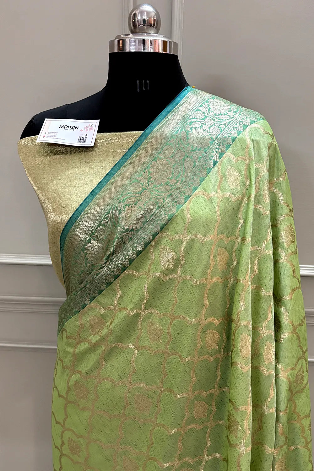 Pista Golden Zari Cotton Silk Banarasi Saree