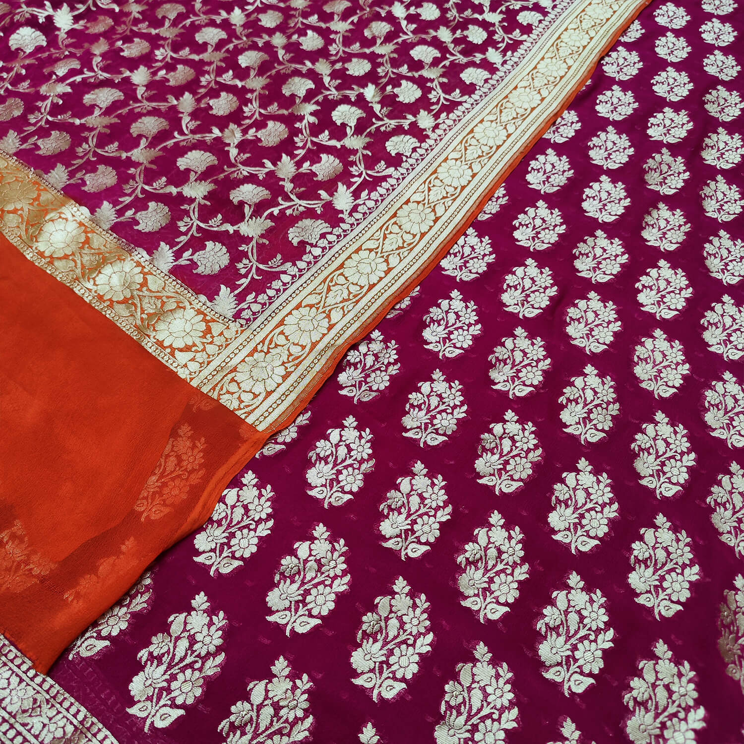 Purple Orange Multi Georgette Silk Banarasi Suit