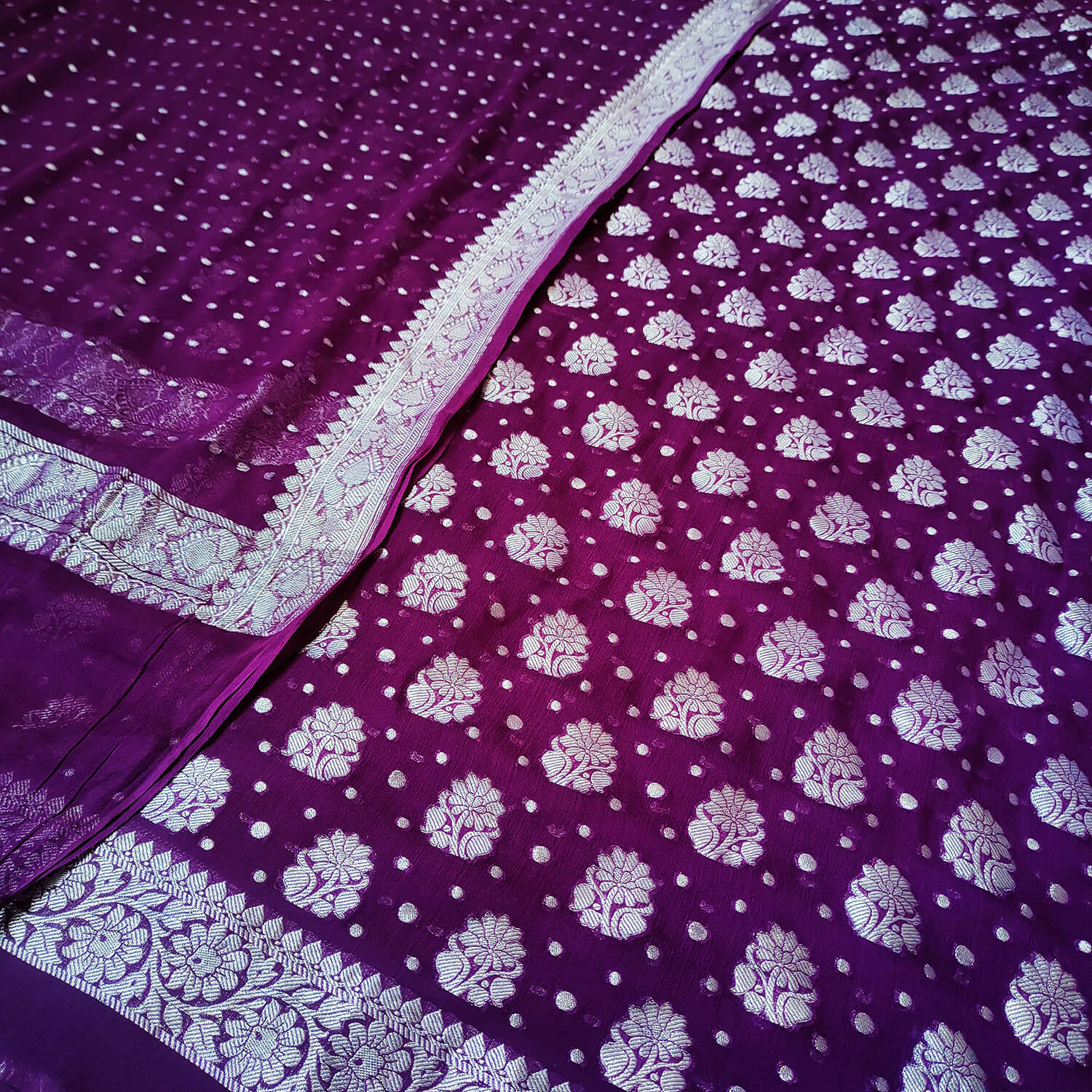 Purple Silver Zari Georgette Silk Banarasi Suit