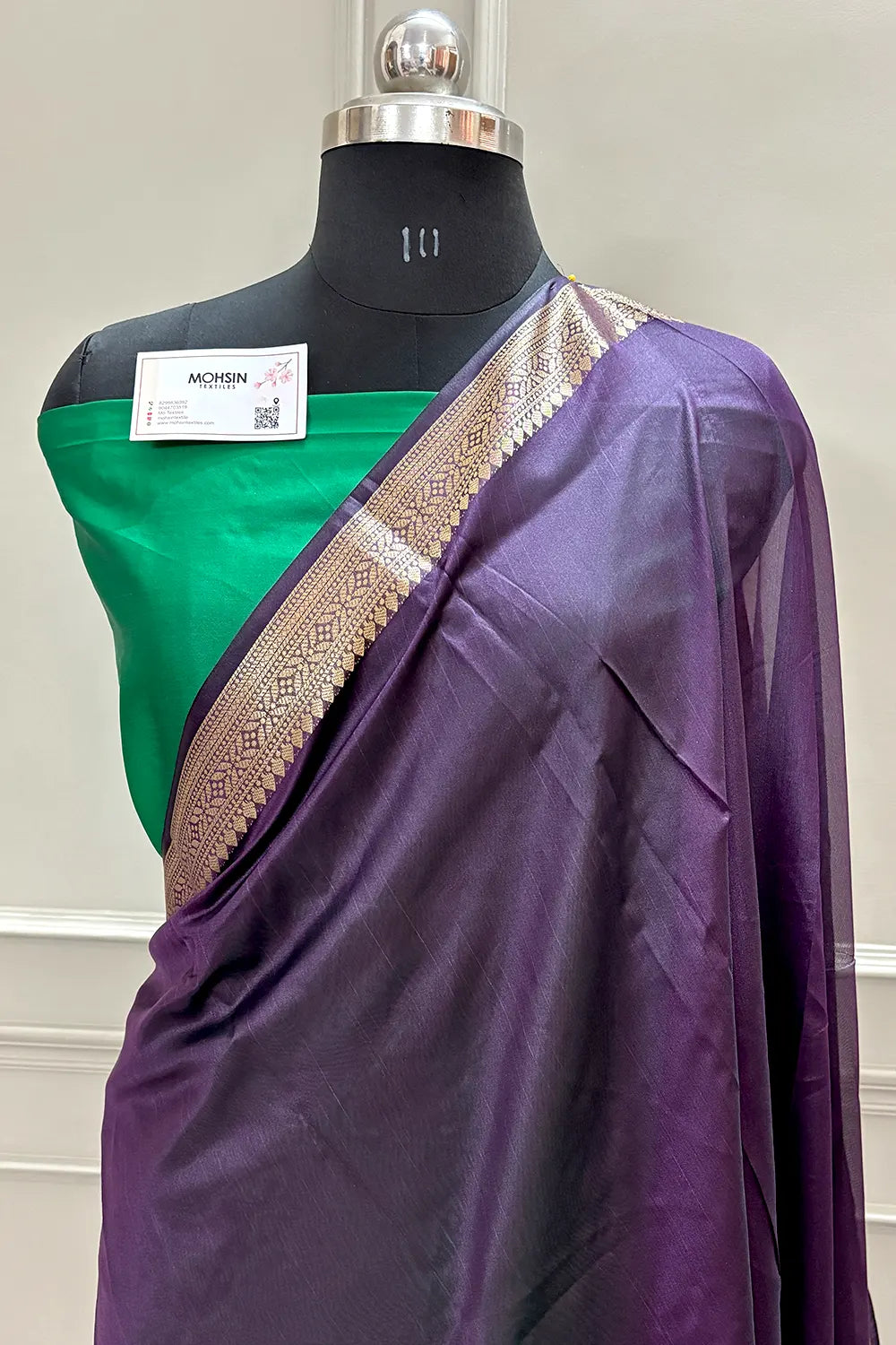 Purple and Green Golden Zari Dupion Silk Banarasi Saree