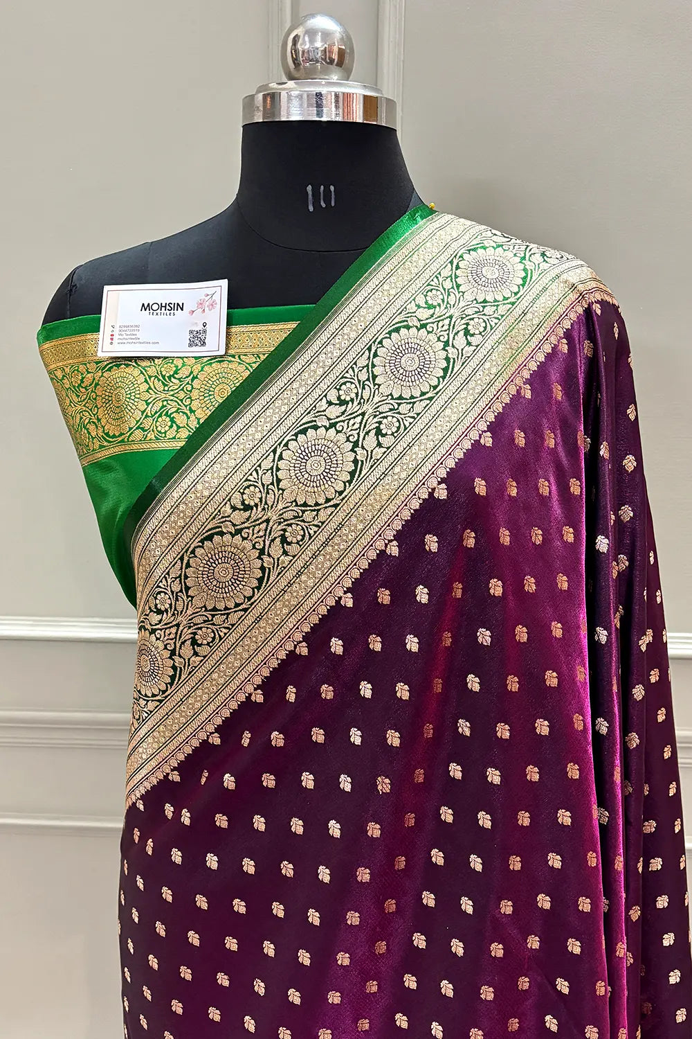 Purple and Green Makkhi Buti Satin Silk Banarasi Saree