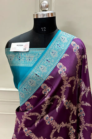 Purple and Teal Zari Silk Banarasi Saree