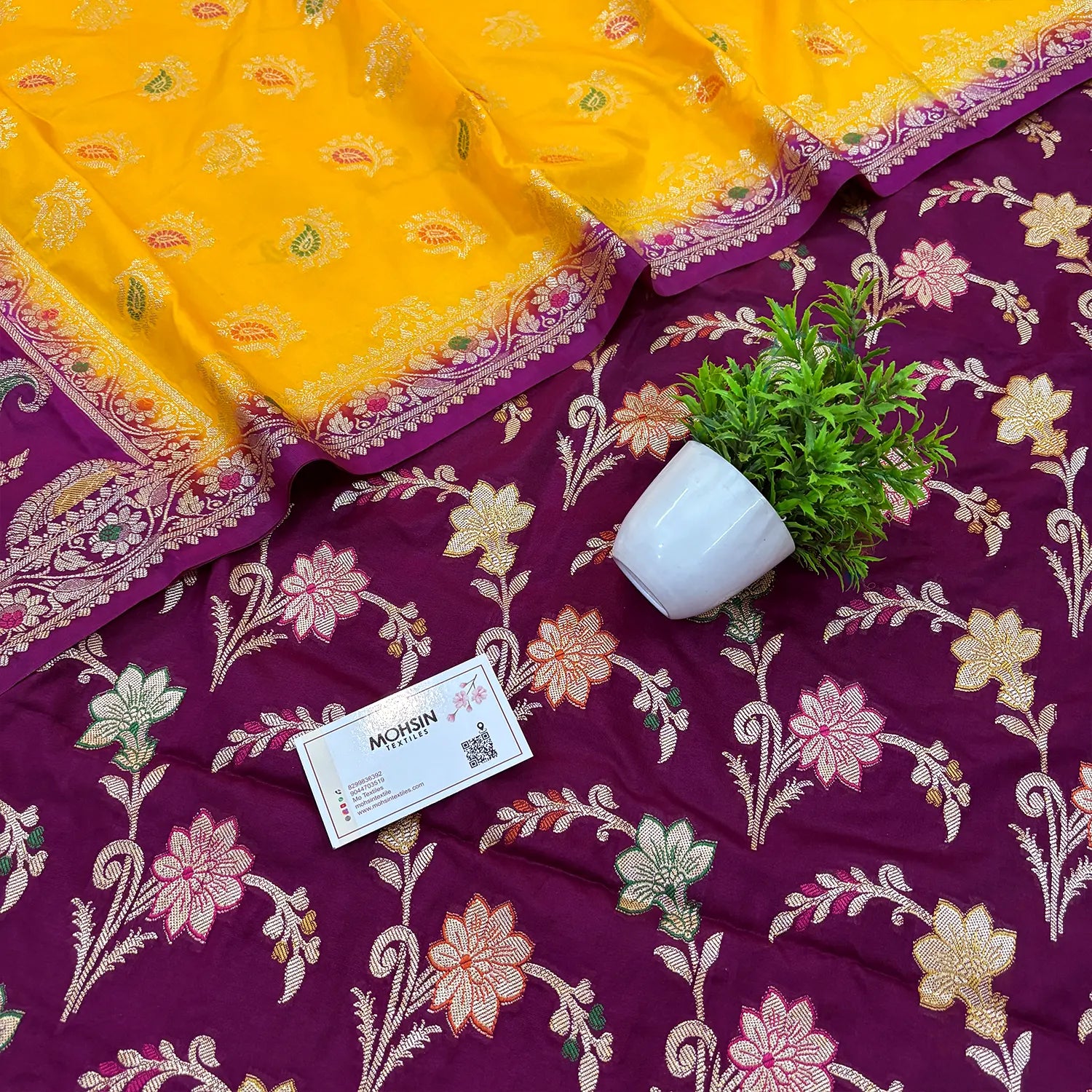 Purple and Yellow Golden Zari Katan Silk Banarasi Saree