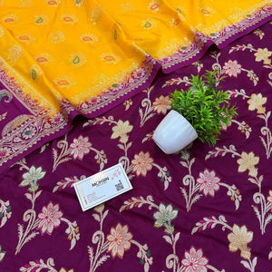Purple and Yellow Golden Zari Katan Silk Banarasi Saree