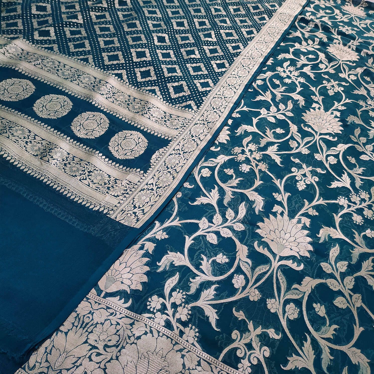 Teal Pure Khaddi Georgette Chiffon Banarasi Suit