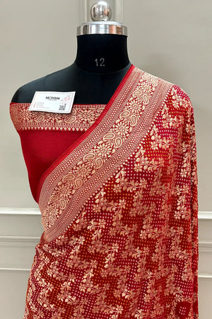 Red Bandhej Georgette Silk Banarasi Saree