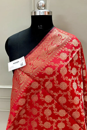 Red Golden Zari Satin Silk Banarasi Dupatta