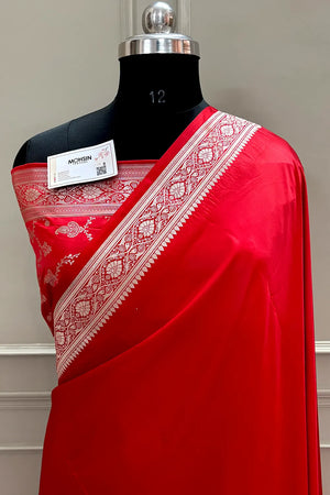 Red Plain Zari Border Katan Silk Banarasi Saree