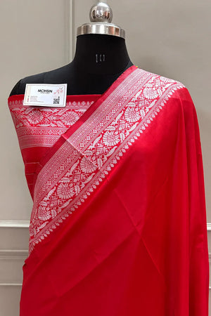 Red Plain Resham Zari Silky Banarasi Saree