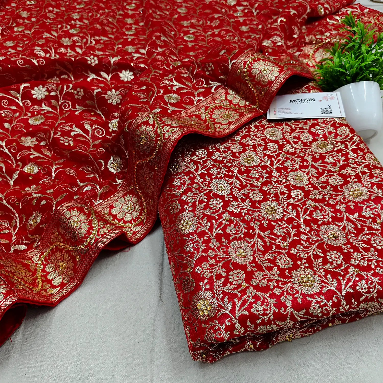 Red Stone Work Kimkhab Silk Banarasi Gharara